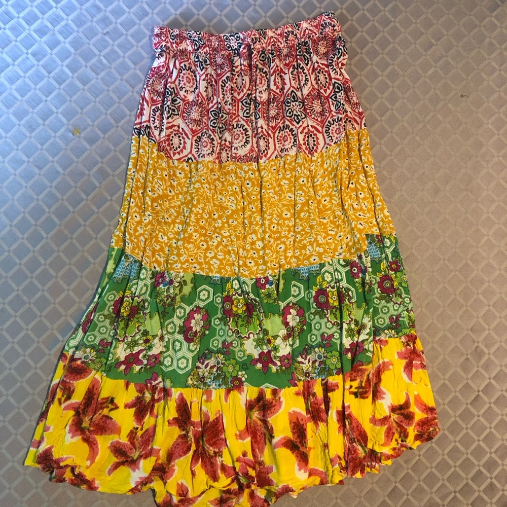 Jackpot One Size Cottagecore Boho Patchwork Tiered Skirt Elastic Waist